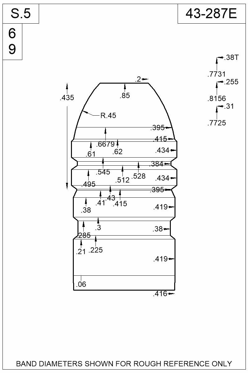 Dimensioned view of bullet 43-287E