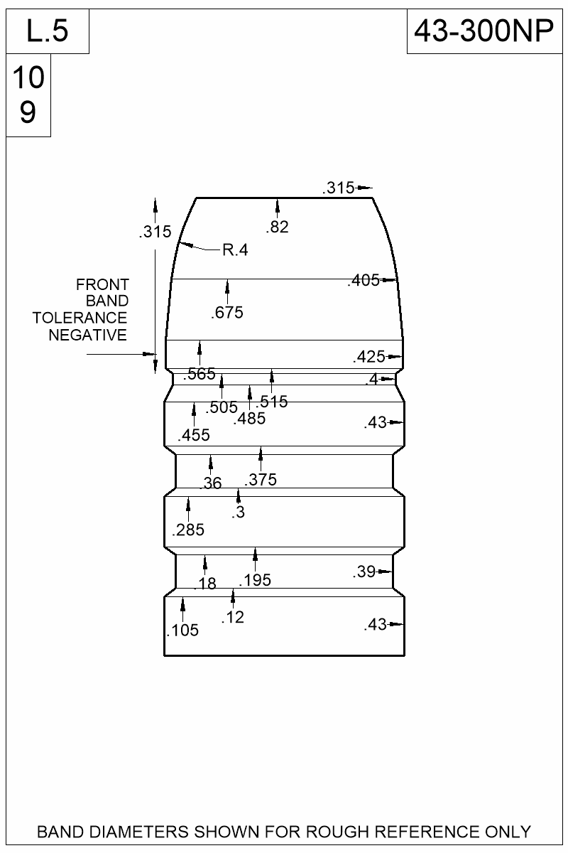 Accurate Molds catalog #43-300NP Dimensioned view of bullet 43-300NP