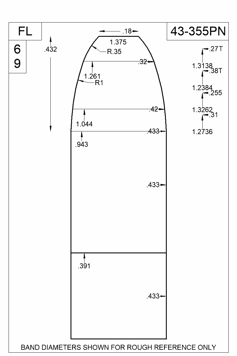 Dimensioned view of bullet 43-355PN