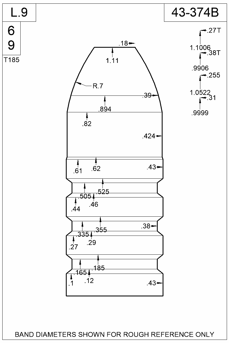 Dimensioned view of bullet 43-374B