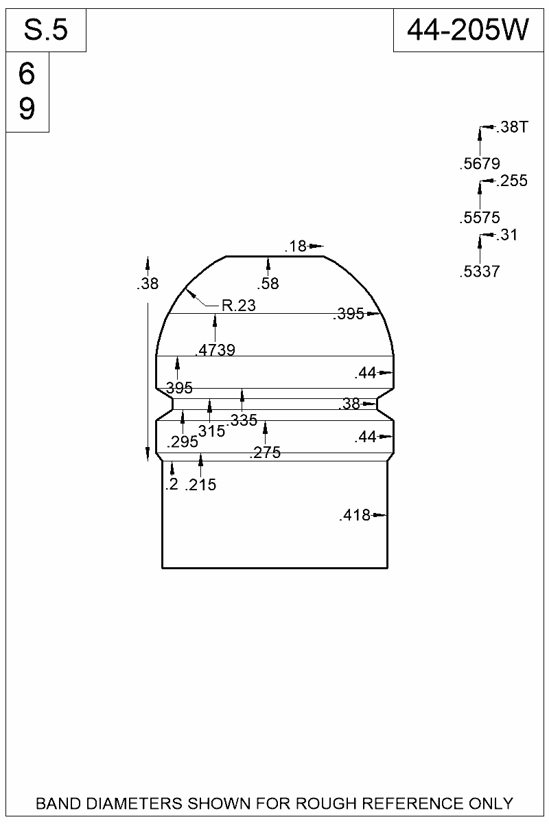 Dimensioned view of bullet 44-205W