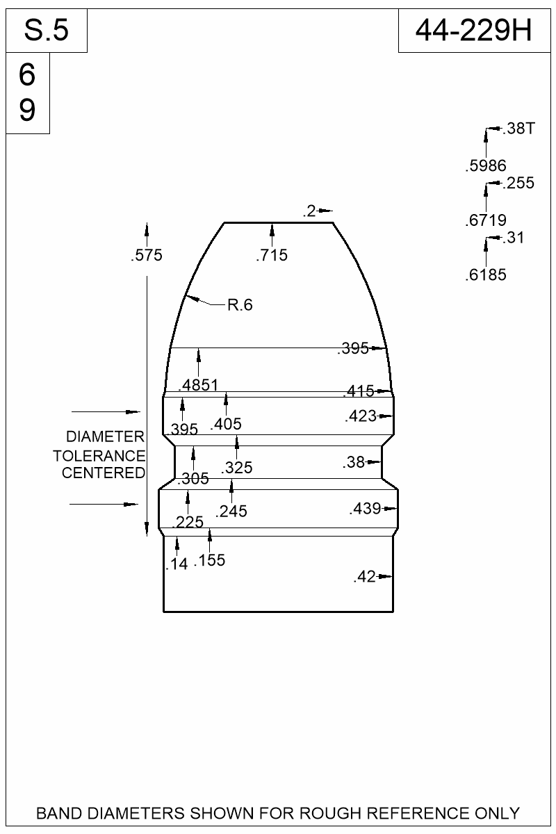 Dimensioned view of bullet 44-229H
