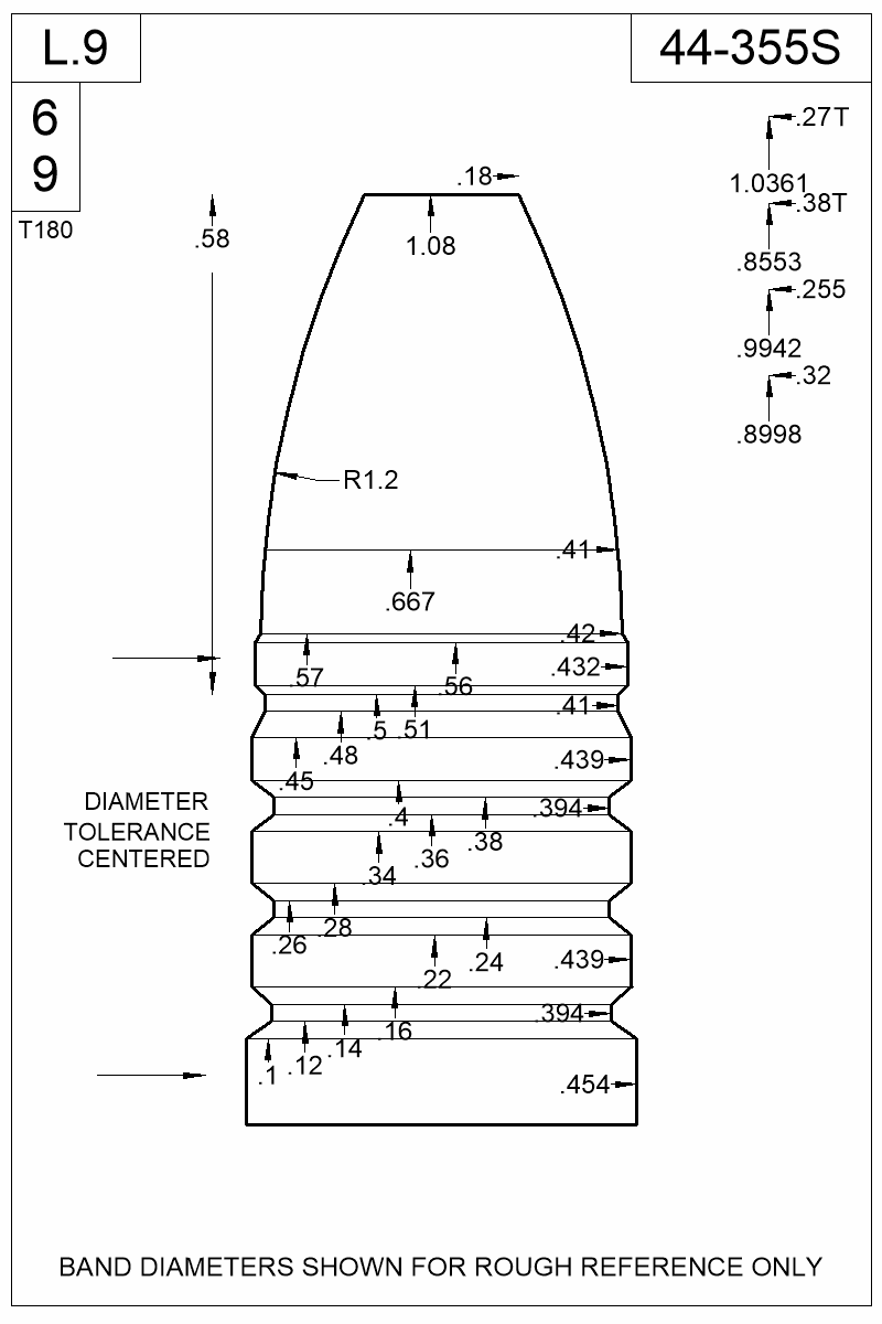 Dimensioned view of bullet 44-355S