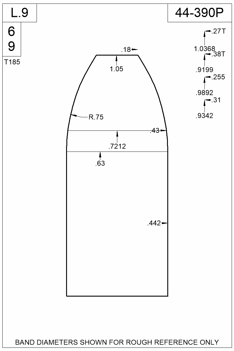 Dimensioned view of bullet 44-390P