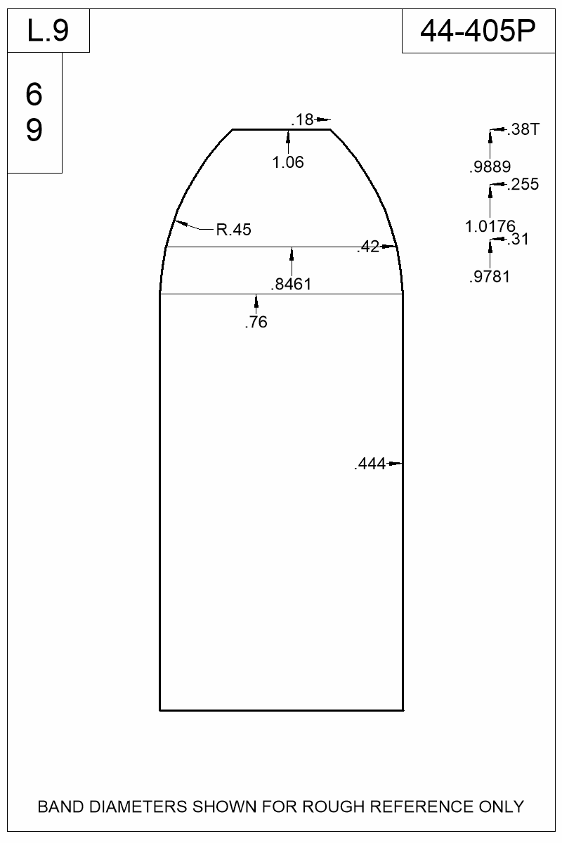 Dimensioned view of bullet 44-405P