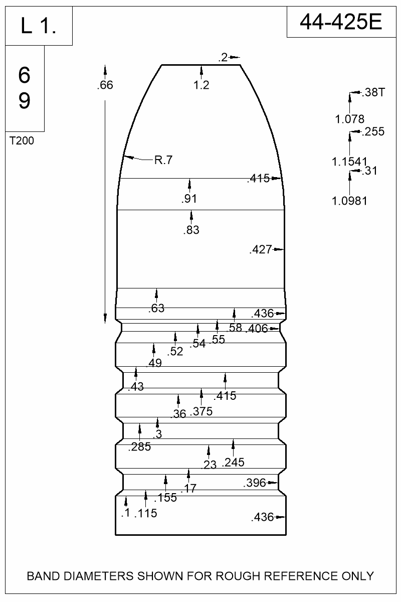 Dimensioned view of bullet 44-425E