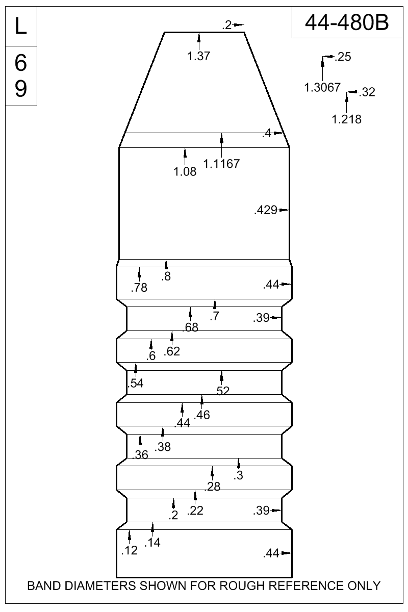 Dimensioned view of bullet 44-480B