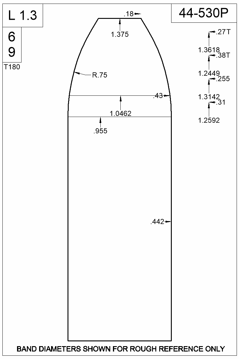Dimensioned view of bullet 44-530P