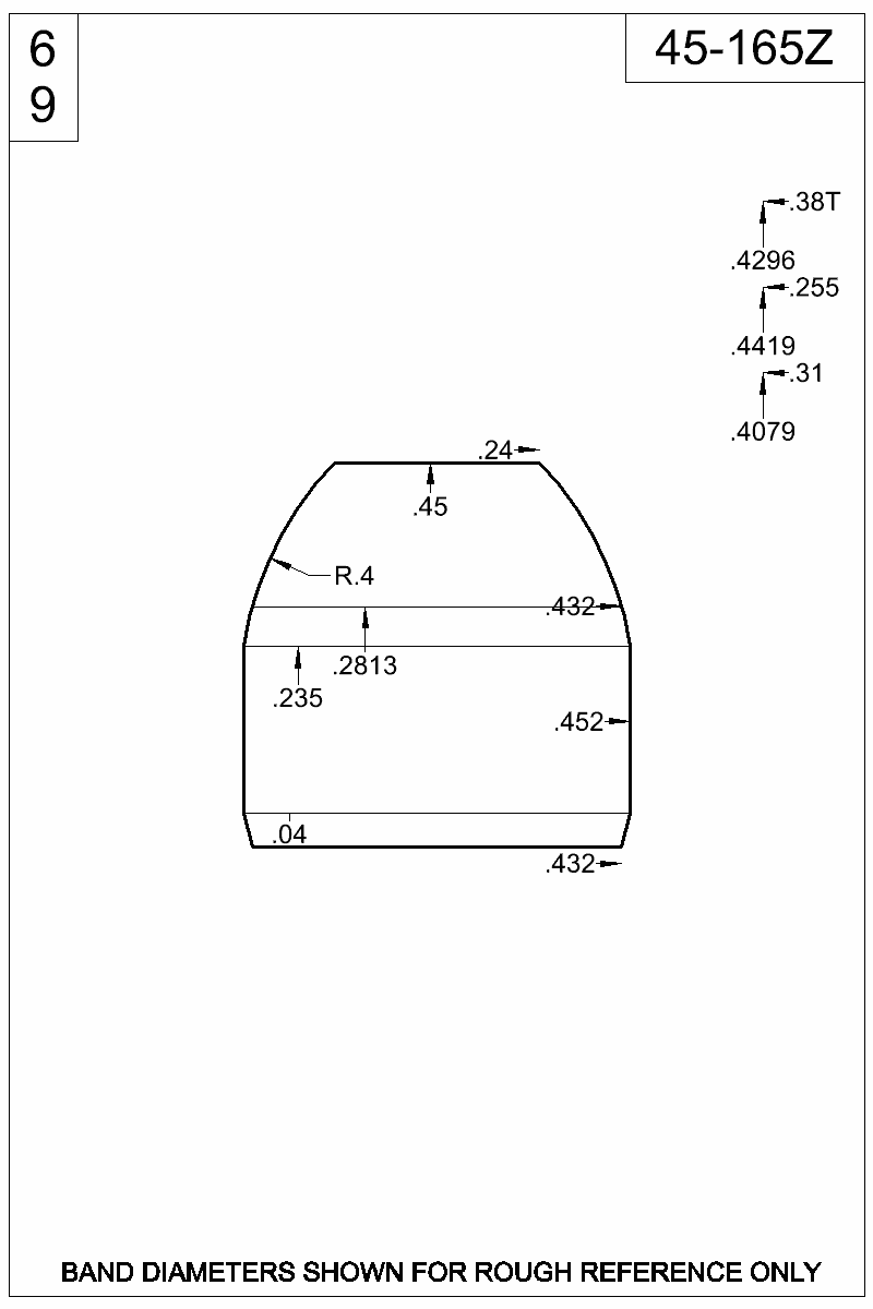 Dimensioned view of bullet 45-165Z