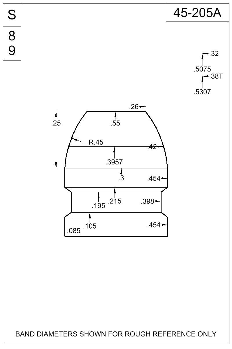 Dimensioned view of bullet 45-205A