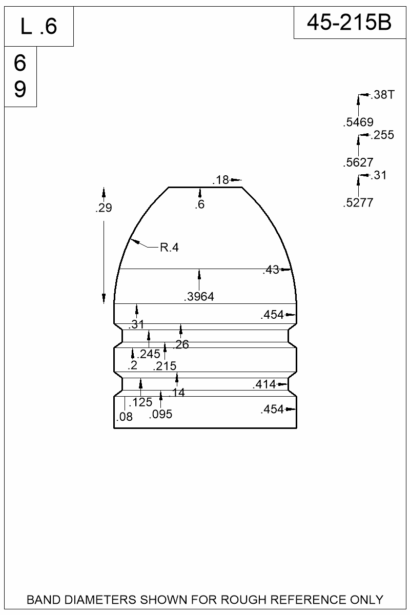 Dimensioned view of bullet 45-215B