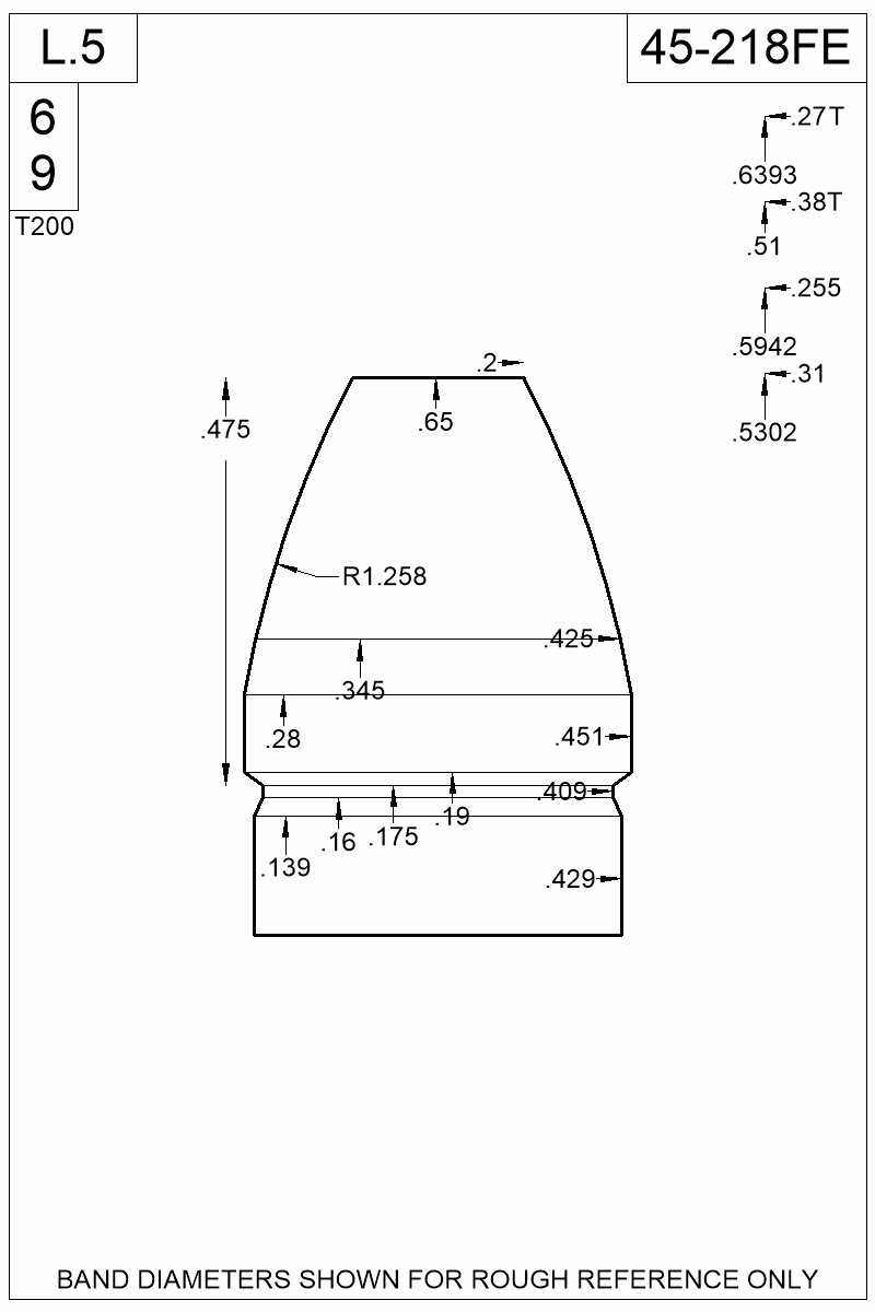 Dimensioned view of bullet 45-218FE