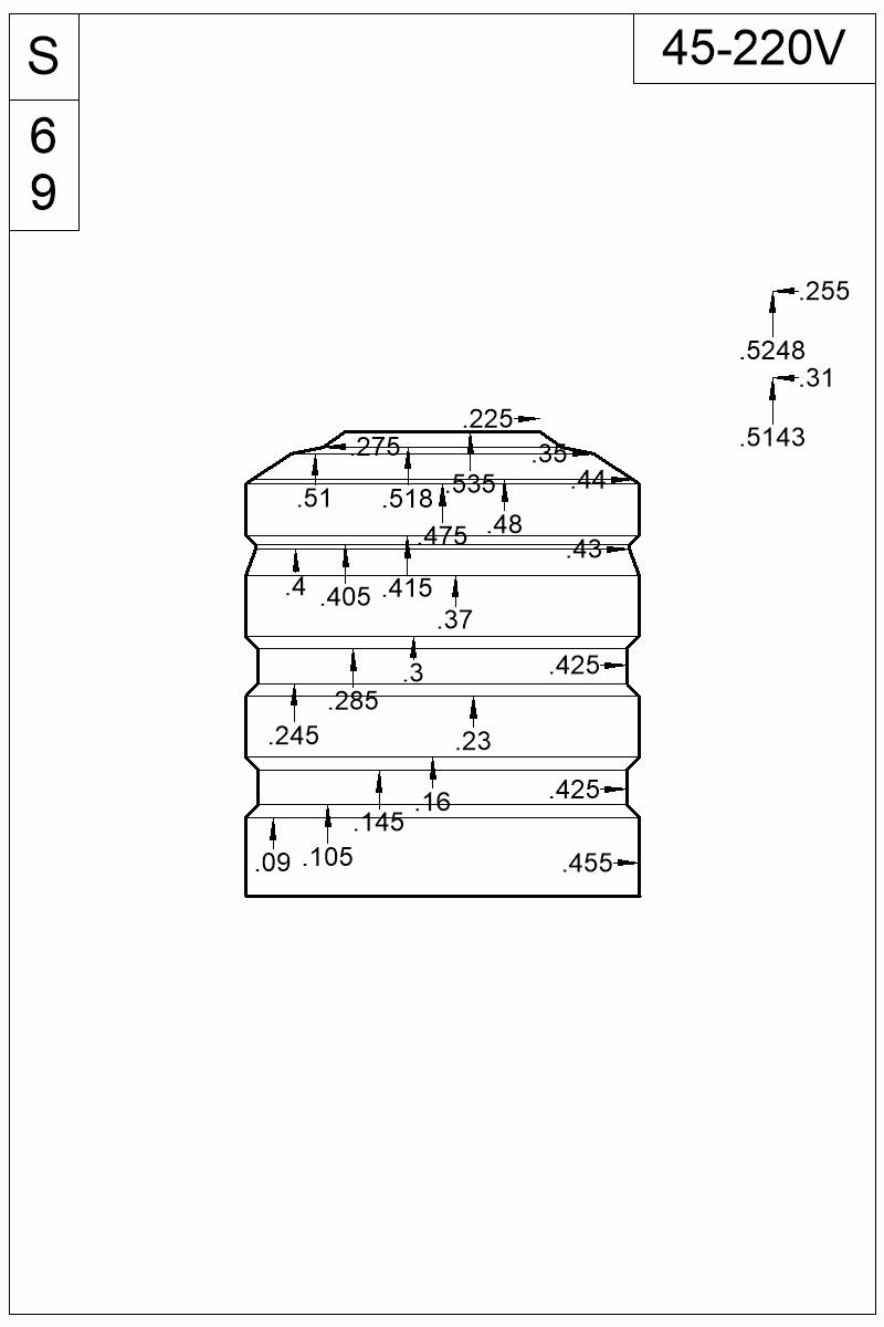 Dimensioned view of bullet 45-220V