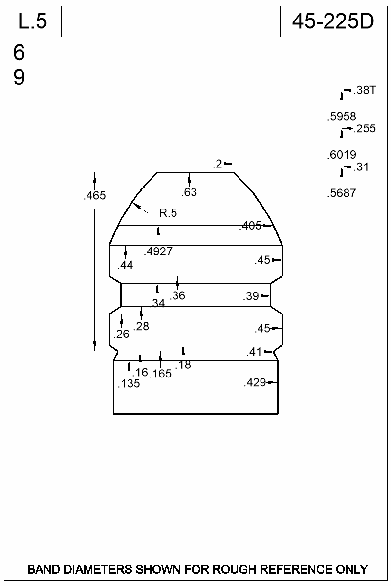 Dimensioned view of bullet 45-225D