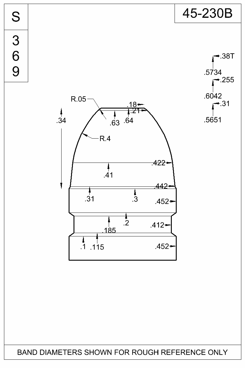 Dimensioned view of bullet 45-230B