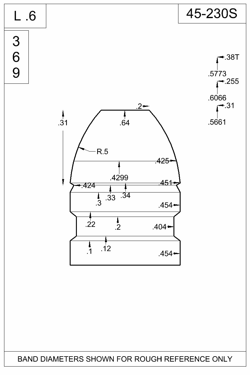 Accurate Molds catalog #45-230S Dimensioned view of bullet 45-230S