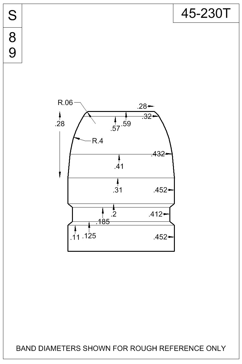 Dimensioned view of bullet 45-230T