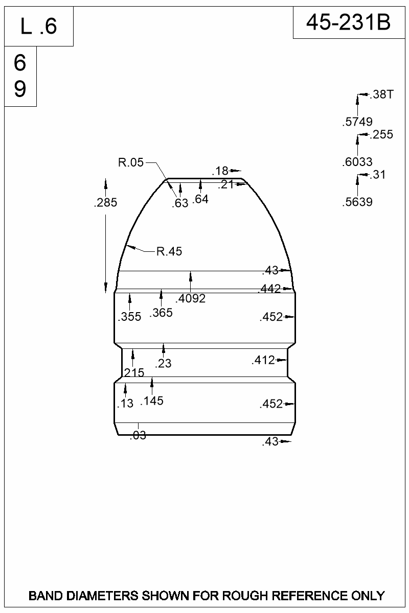 Dimensioned view of bullet 45-231B