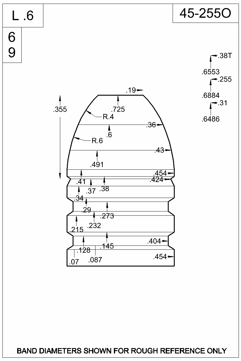 Dimensioned view of bullet 45-255O