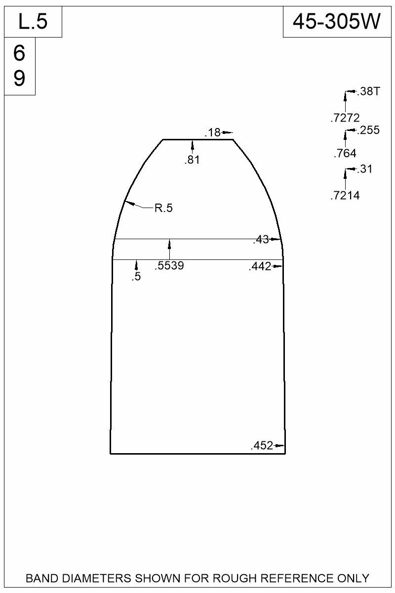 Dimensioned view of bullet 45-305W