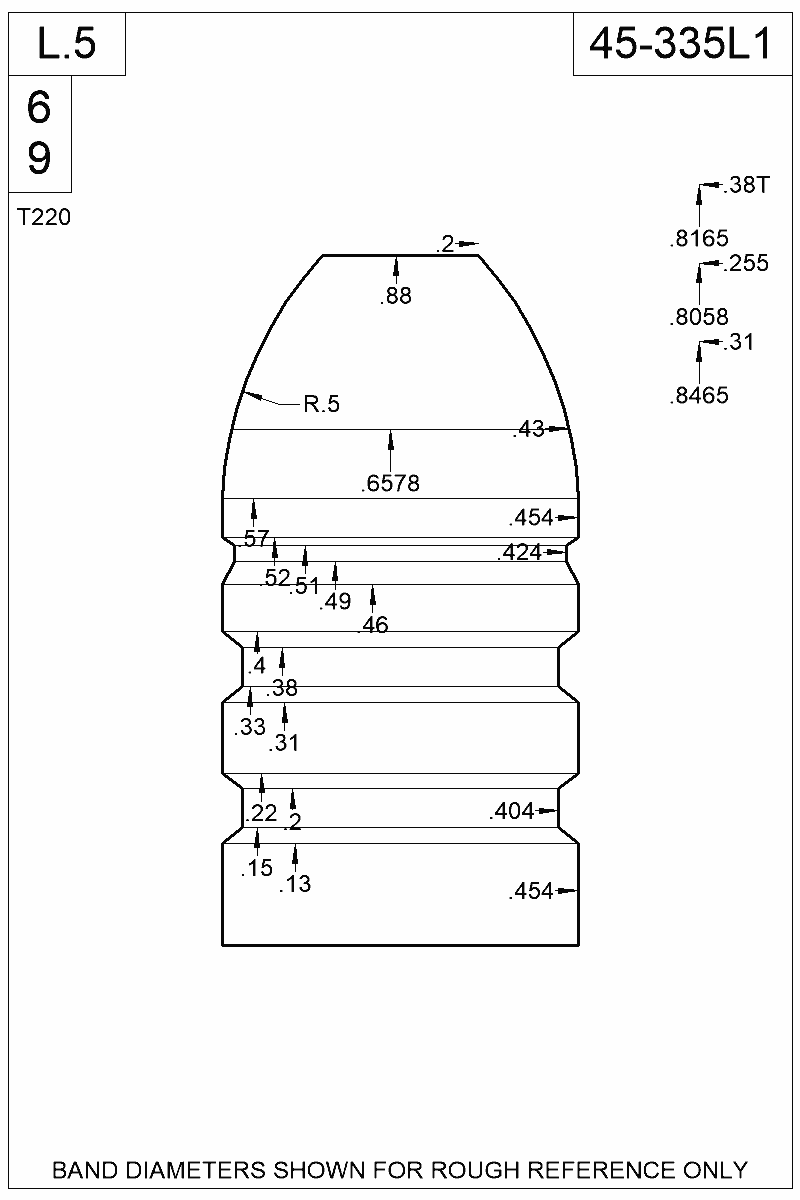 Dimensioned view of bullet 45-335L1