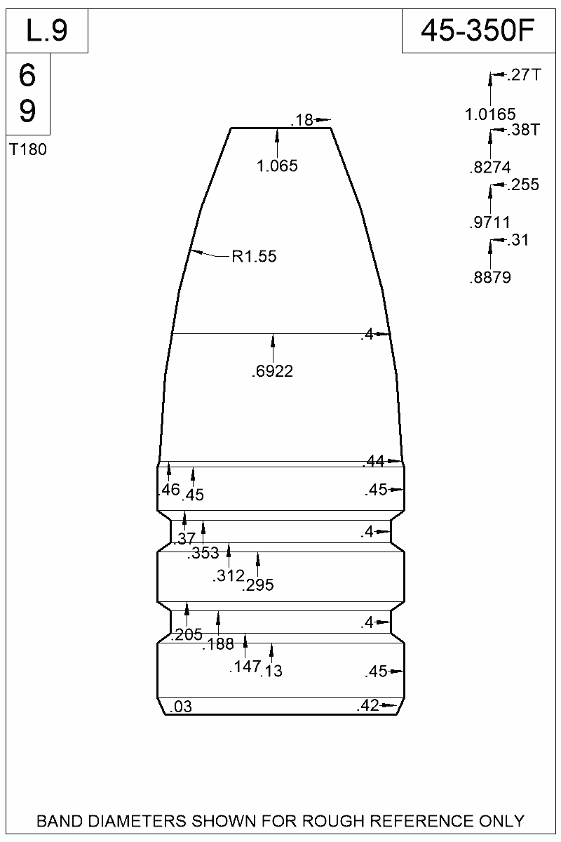 Dimensioned view of bullet 45-350F