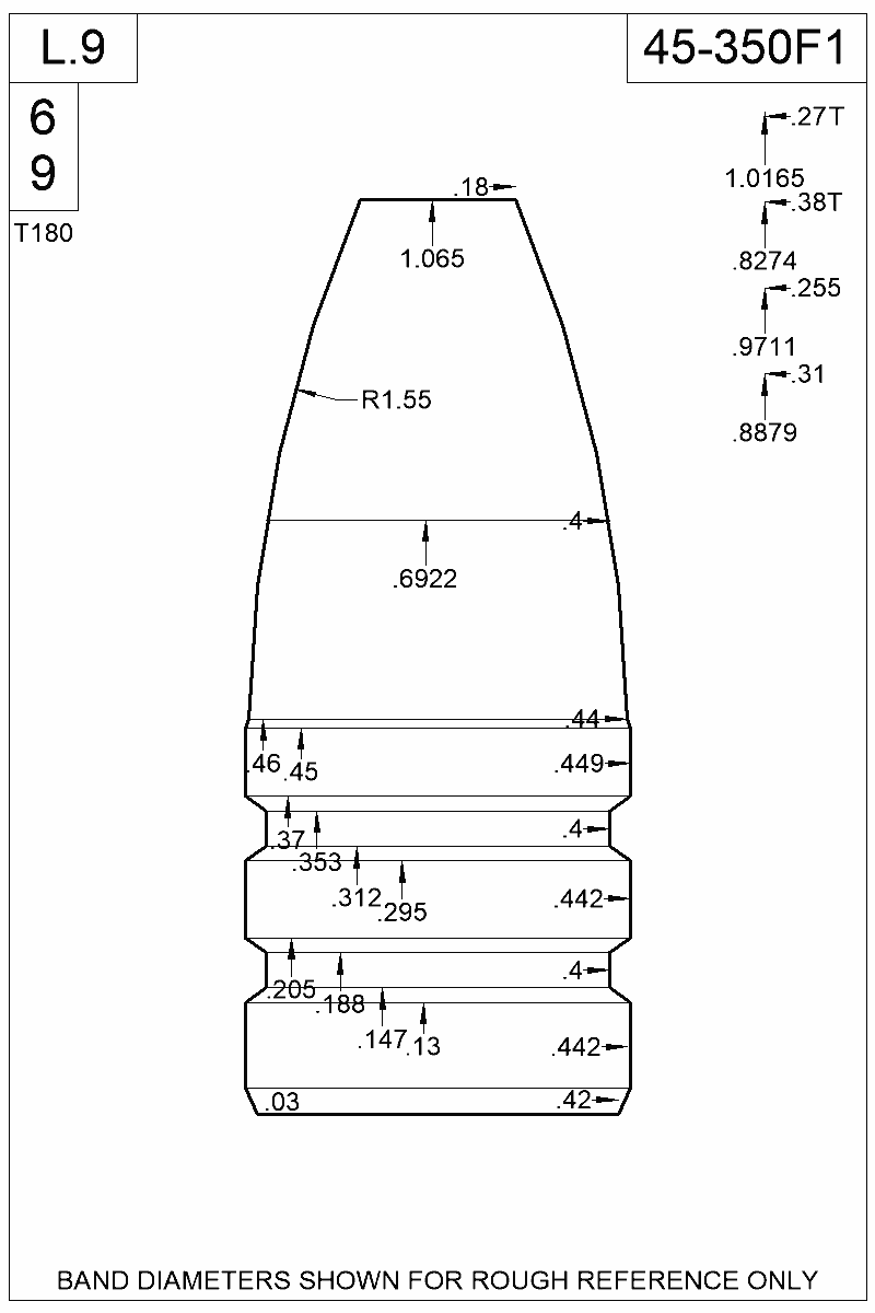Dimensioned view of bullet 45-350F1
