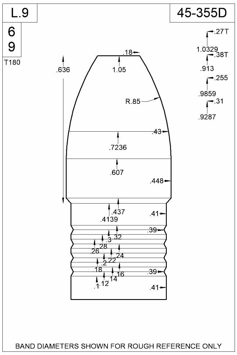 Dimensioned view of bullet 45-355D