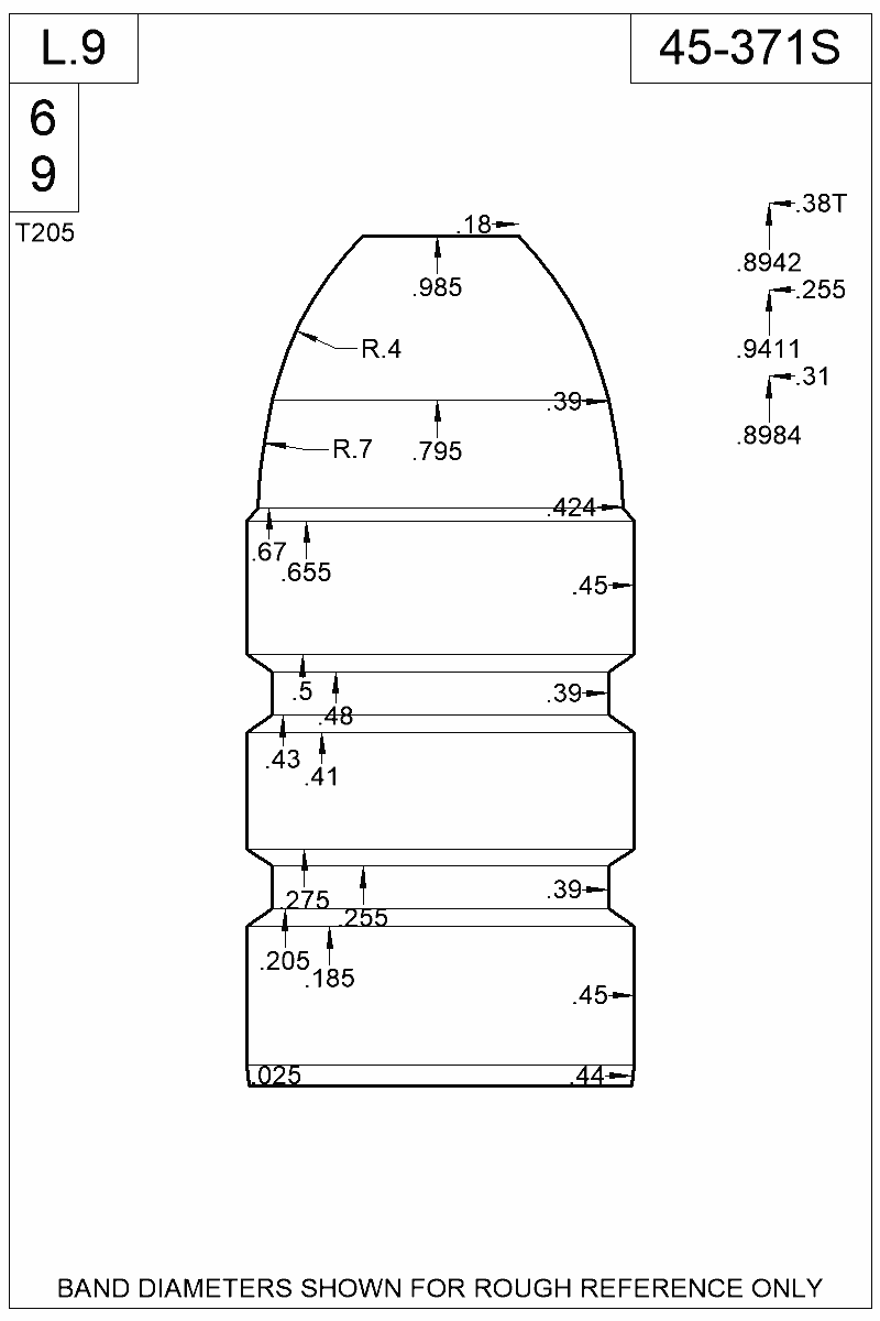 Dimensioned view of bullet 45-371S