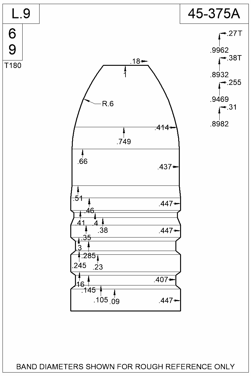 Dimensioned view of bullet 45-375A