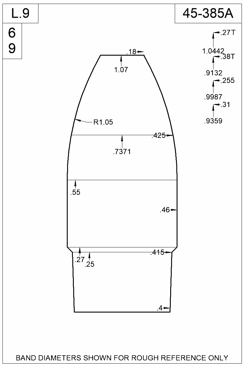 Dimensioned view of bullet 45-385A