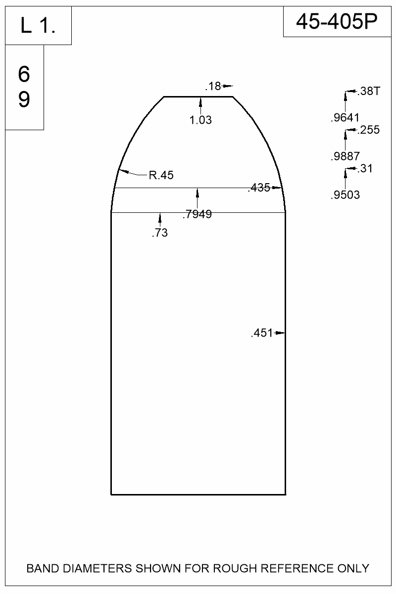 Dimensioned view of bullet 45-405P