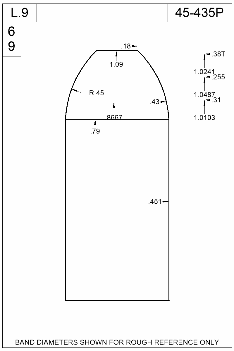 Dimensioned view of bullet 45-435P