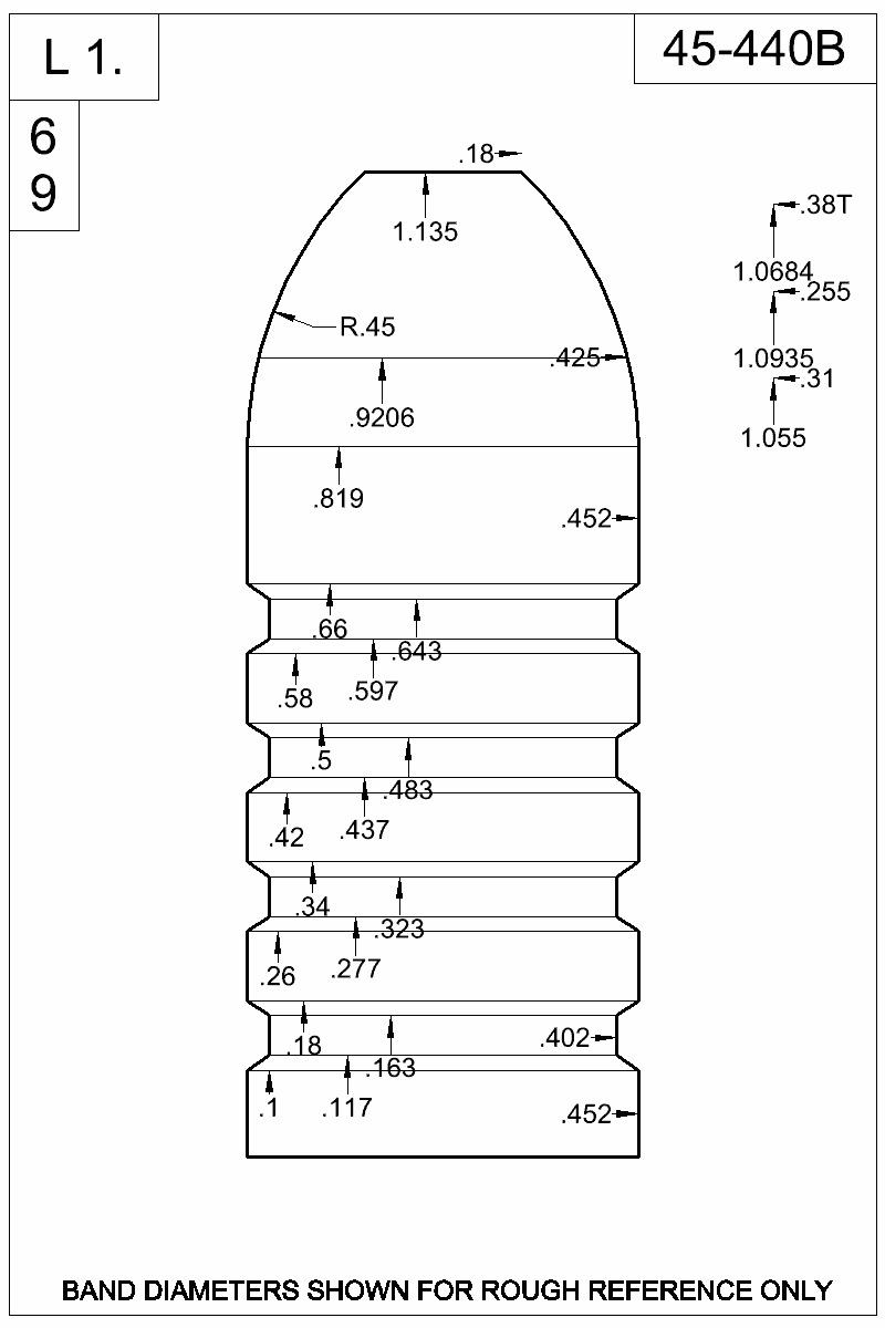 Dimensioned view of bullet 45-440B