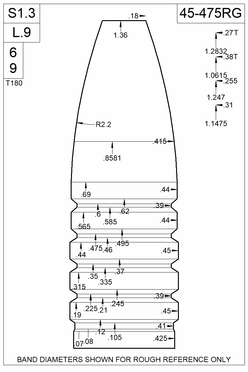 Dimensioned view of bullet 45-475RG