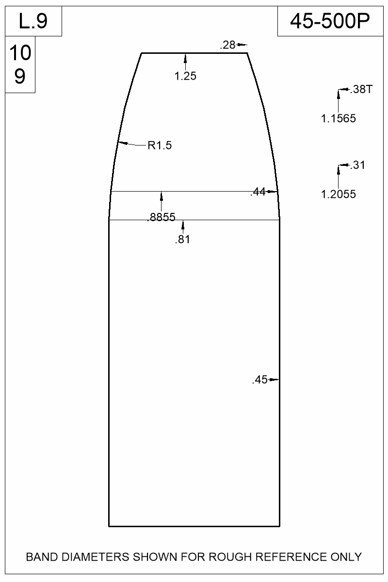Dimensioned view of bullet 45-500P