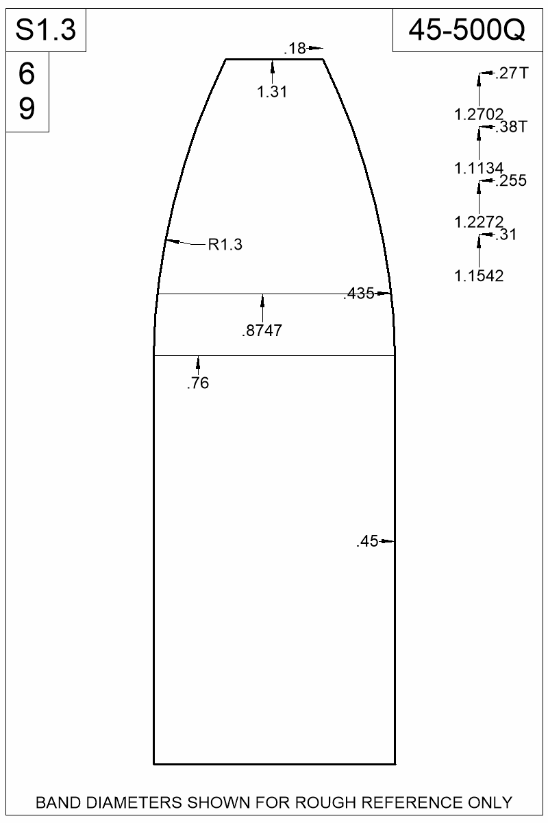 Dimensioned view of bullet 45-500Q