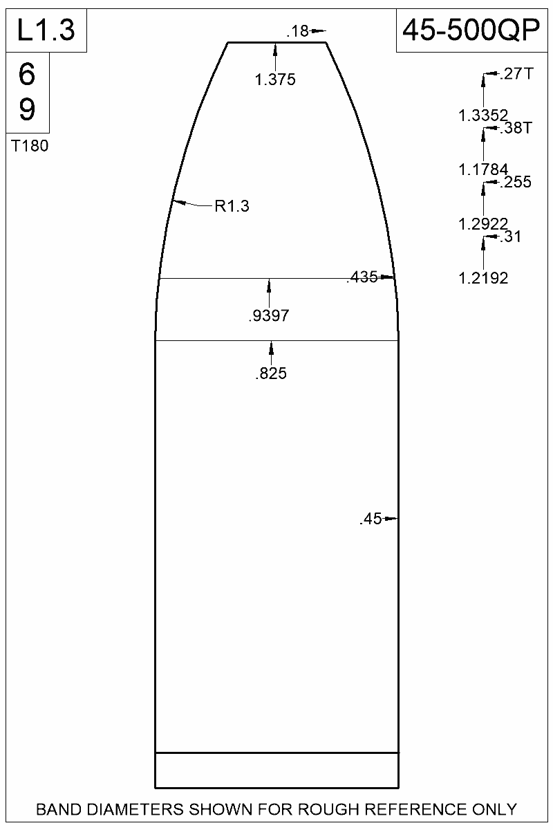 Dimensioned view of bullet 45-500QP