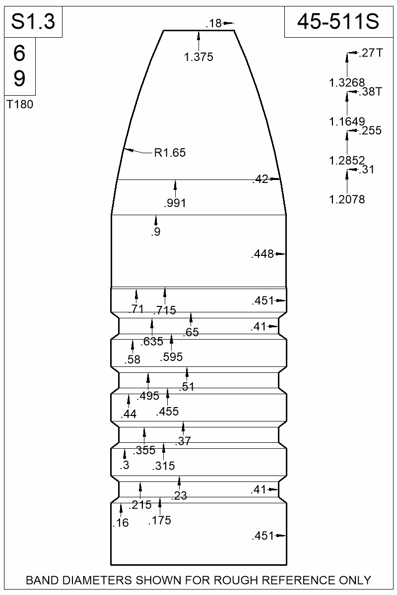 Dimensioned view of bullet 45-511S