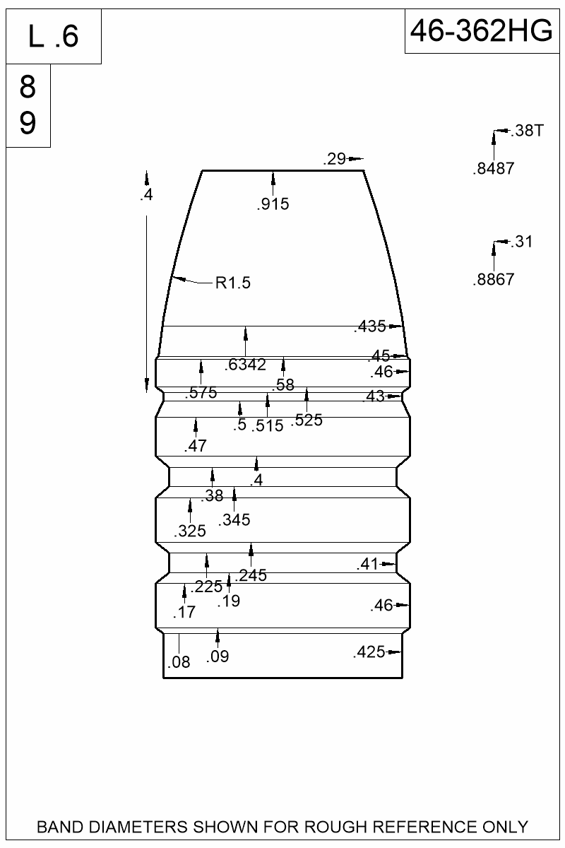 Dimensioned view of bullet 46-362HG