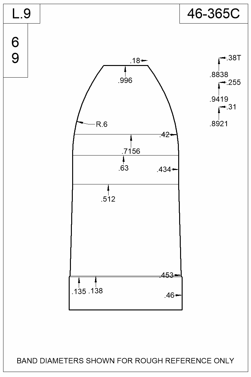 Accurate Molds catalog #46-365C Dimensioned view of bullet 46-365C