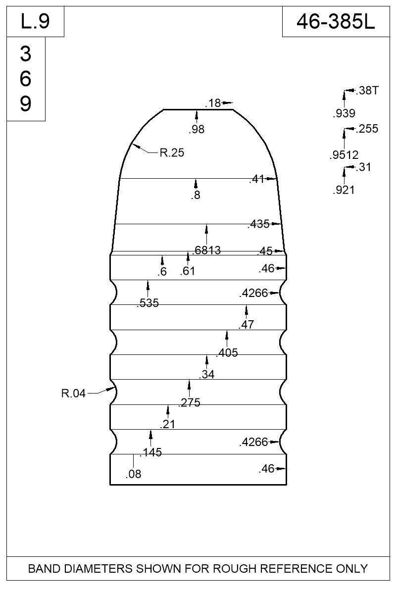 Dimensioned view of bullet 46-385L