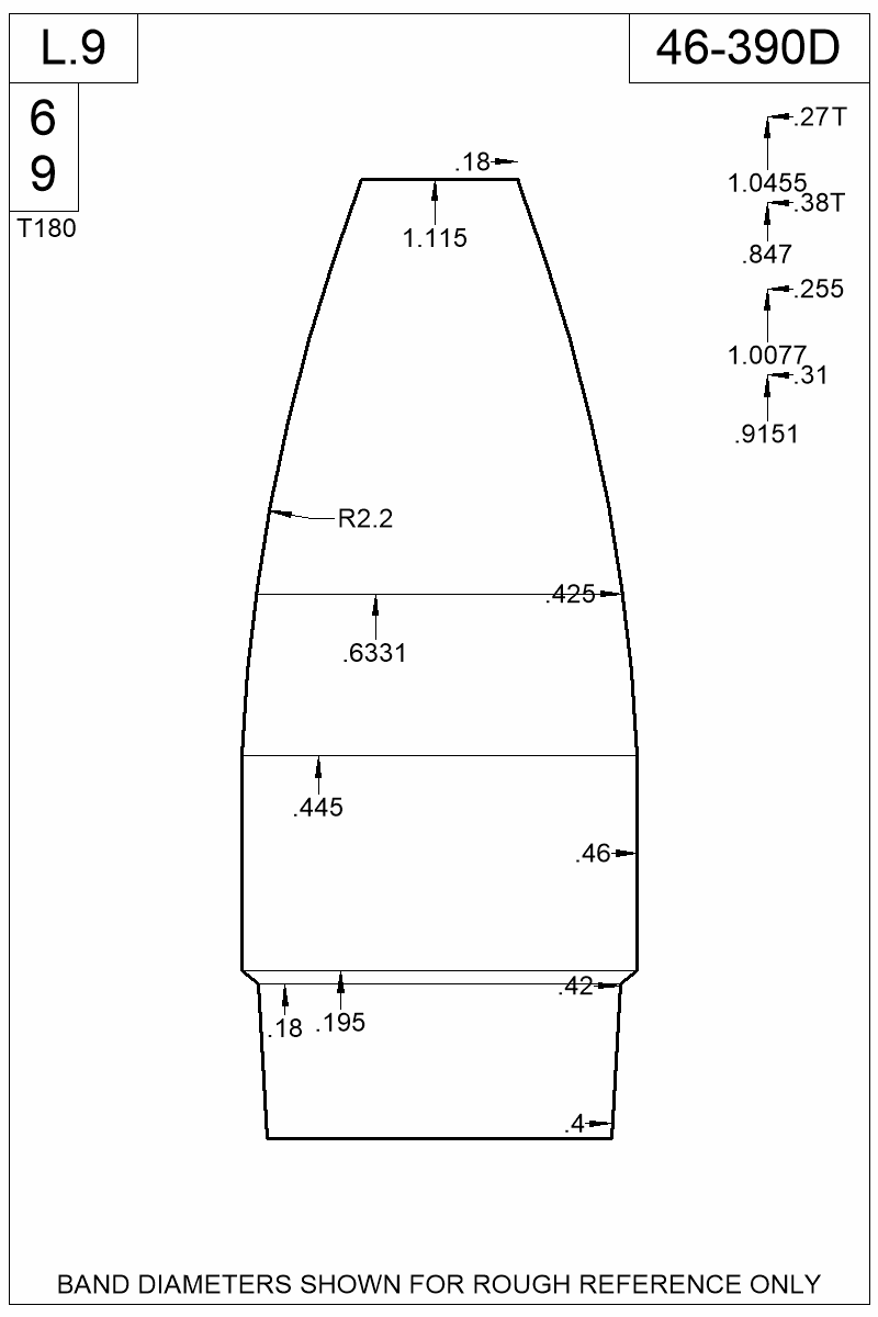 Dimensioned view of bullet 46-390D