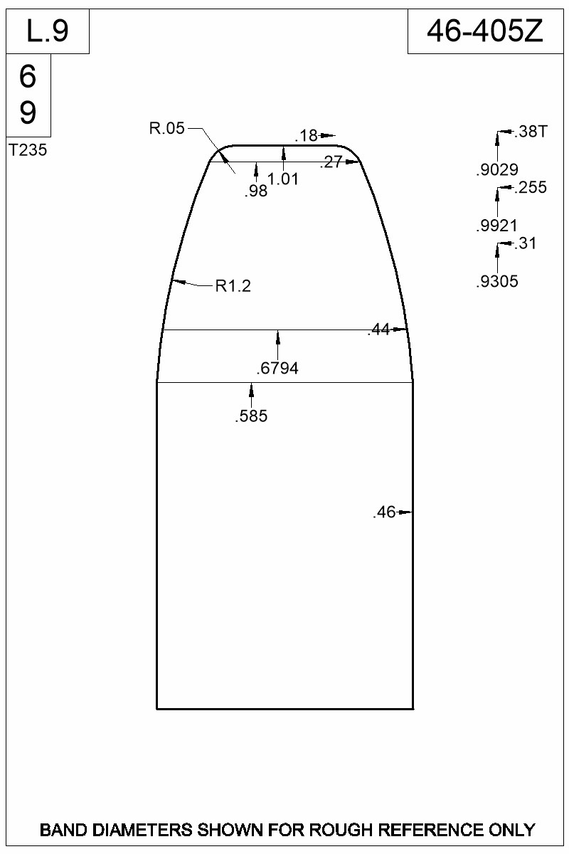 Dimensioned view of bullet 46-405Z