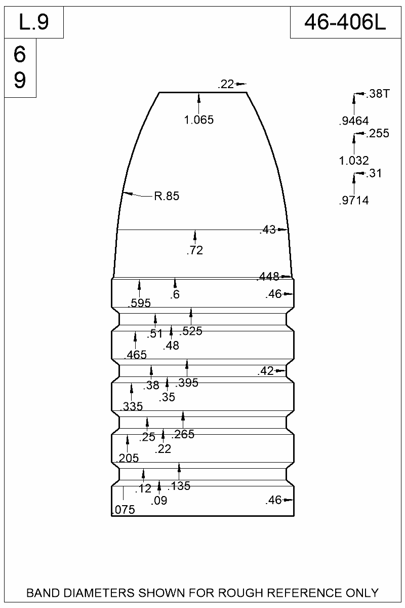 Dimensioned view of bullet 46-406L