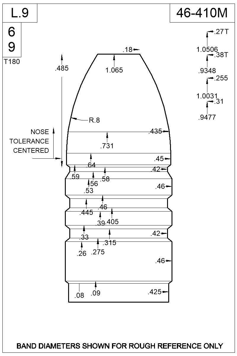 Dimensioned view of bullet 46-410M
