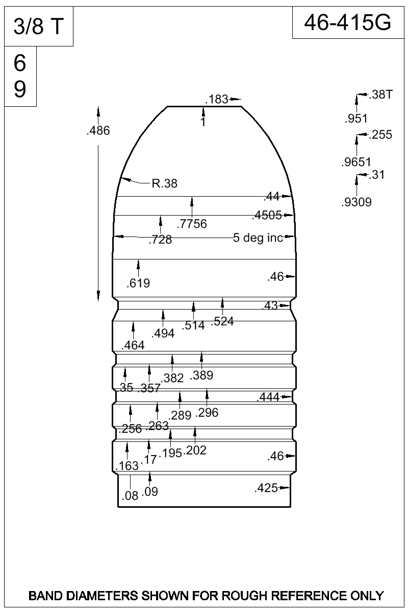 Dimensioned view of bullet 46-415G