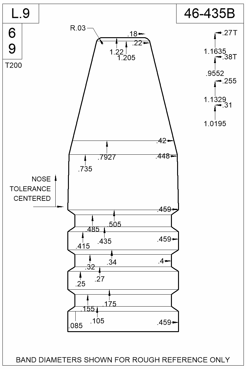 Dimensioned view of bullet 46-435B