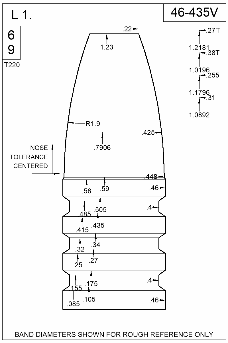 Dimensioned view of bullet 46-435V
