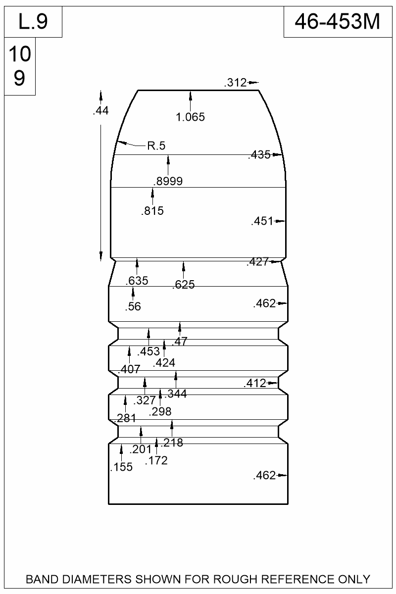 Dimensioned view of bullet 46-453M